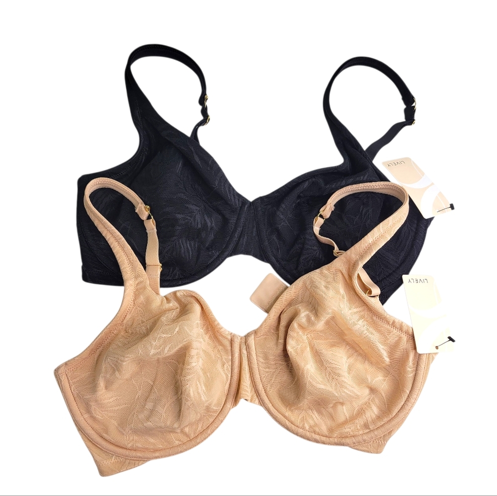 Lively Lot of 2 Lace Lined Underwire Bras Toasted Almond Jet Black 34DD